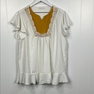 Ces Femme Womens Babydoll Top White Gold Flutter Sleeves Peplum Hem Square Neck